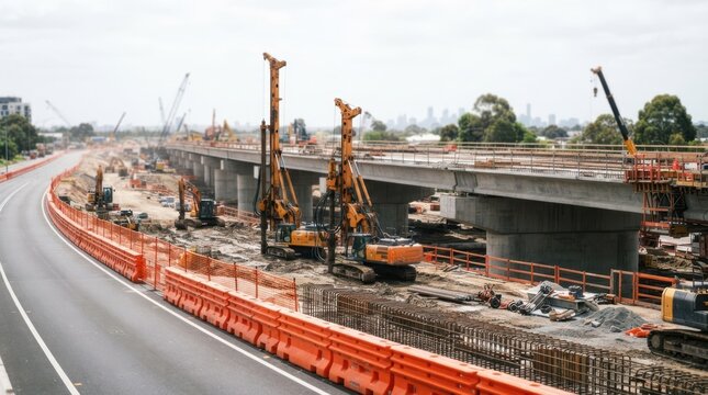 New bridge deck, concrete girders, orange safety barriers, and hydraulic piling rigs along a widened roadway during major infrastructure buildout.