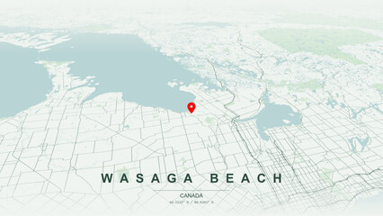 Minimalist vector map of Wasaga Beach, Ontario. High-quality scalable illustration of Wasaga Beach geographic boundaries along the Georgian Bay and Nottawasaga River shorelines for posters design. © AliRza