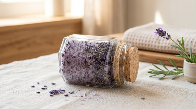 Lavender bath salts in tipped glass jar with dried lavender