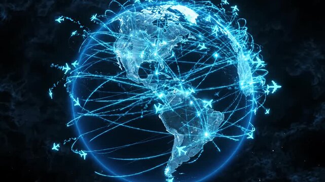 Glowing blue digital earth globe in dark space.