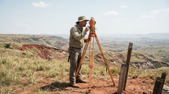 Survey geologist with total station, rock hammer, and drill casing overlooking red-soil hills for mineral exploration in South America.