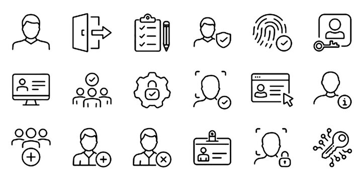 User Account Web Icon Set in Line Style. Related to Profile, avatar, login, password, username, add friend, access, connect. Vector illustration.