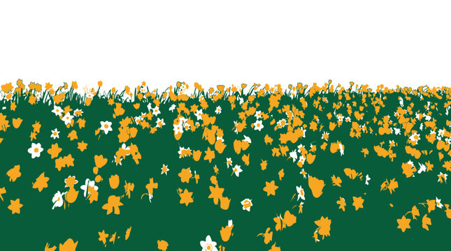 Eine flache, stilisierte Illustration einer Fr&uuml;hlingswiese mit gelben und wei&szlig;en Narzissen auf einem tiefgr&uuml;nen Hintergrund mit viel Kopierraum im oberen Bereich.