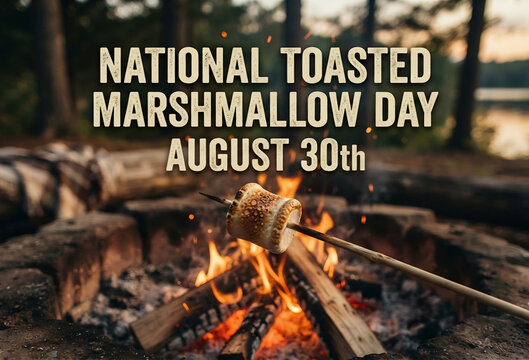 National Toasted Marshmallow Day August 30th celebration banner with a marshmallow roasting over a campfire