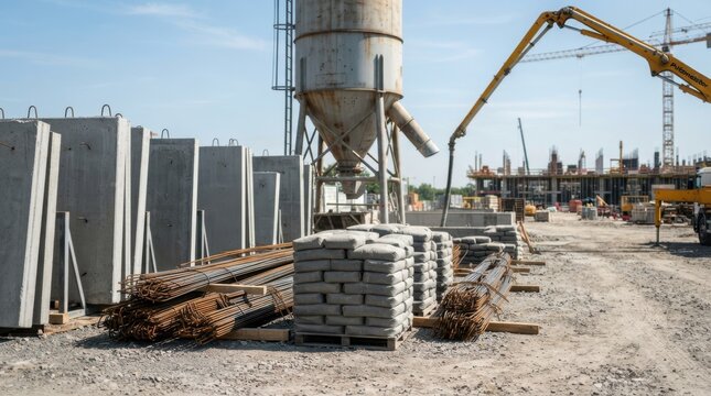 Cement silo, concrete pump boom, precast wall panels, and pallets of cement bags beside unfinished rebar in a construction yard.