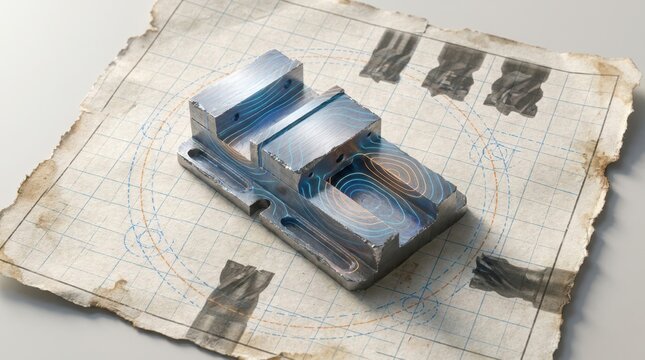 Machine tool bed with stress contours, bolt circles, and milling cutter silhouettes on torn engineering paper, optimized for finite element analysis and precision machining.