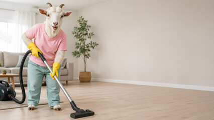 Fototapeta premium Goat vacuuming living room in funny household chore scene