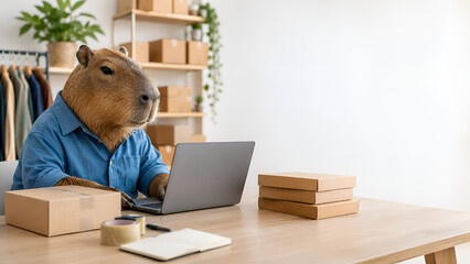 Fototapeta premium Capybara remote worker using laptop beside moving boxes