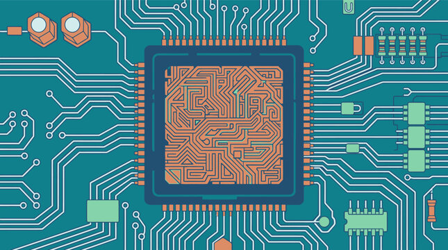 Eine detaillierte grafische Darstellung eines zentralen Computerprozessors auf einer komplexen gr&uuml;nen Leiterplatte mit Kupferbahnen und elektronischen Bauteilen f&uuml;r technologische Konzepte.