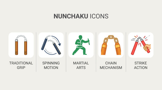 Set of Flat Martial Arts Nunchaku Weapon Icons
