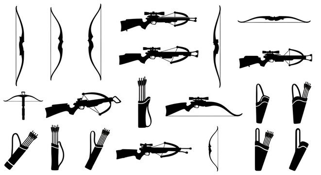 Silhouette Grid of Traditional Archery Equipment Including Longbows Crossbows and Quivers