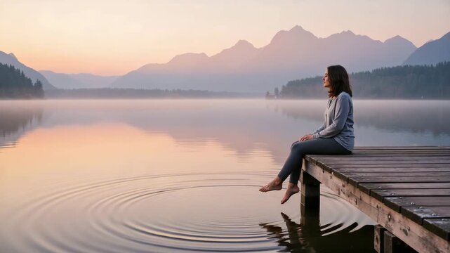 Woman With Peaceful Mood Recovering From Stress on Wooden Pier by Calm Mountain Lake at Sunrise