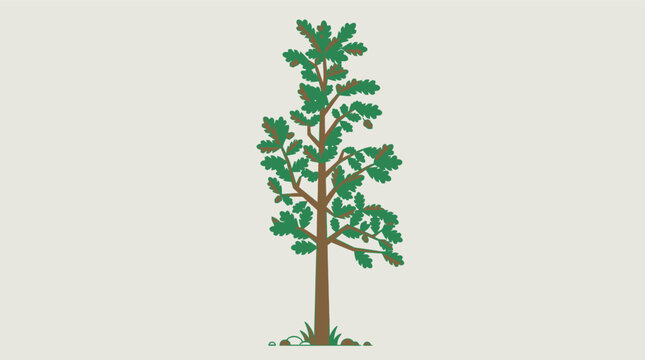 Eine stilisierte Illustration eines einzelnen Eichenbaums mit gr&uuml;nen Bl&auml;ttern und Eicheln auf einem neutralen hellen Hintergrund, ideal f&uuml;r Natur- und Umweltdesigns.