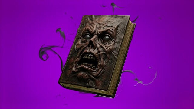 A dark 3D render of an ancient evil spell book featuring a screaming human face bound into its leather cover, surrounded by dark smoky wisps on a purple backdrop. Perfect for Halloween promo videos, h
