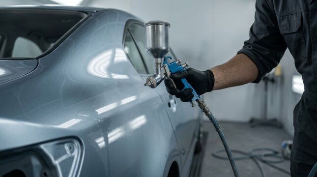 Car painter applying metallic finish with spray gun in professional auto body workshop, close-up detail