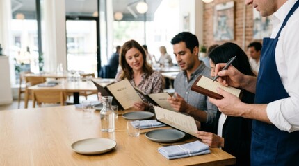 Fototapeta premium Waiter taking order from diners reading menus at a modern bistro table with pale oak surface and copy space