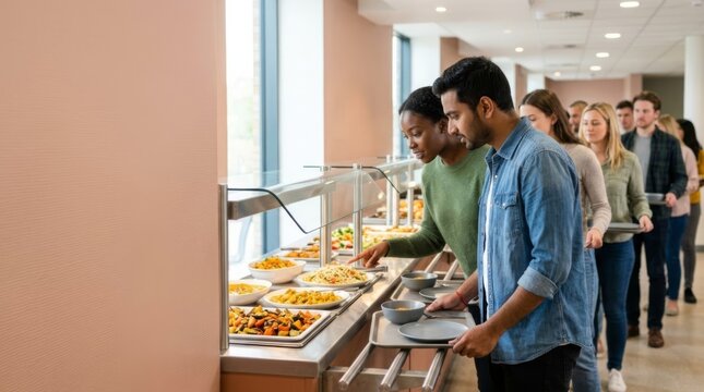 Diverse people queuing in a modern bright cafeteria serving line selecting fresh meals from a self-service buffet