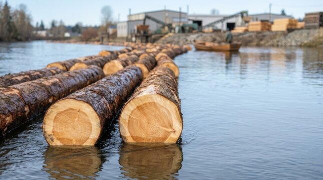 Massive timber logs floating in river near sawmill, showcasing industry and transport of natural resources