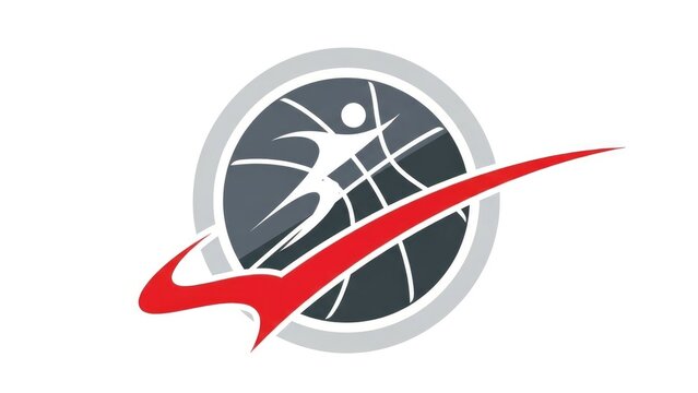 Abstract figure dashes through a basketball, circled by a red swoosh