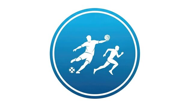 Athletes leaping for basketball and football in bright blue circle
