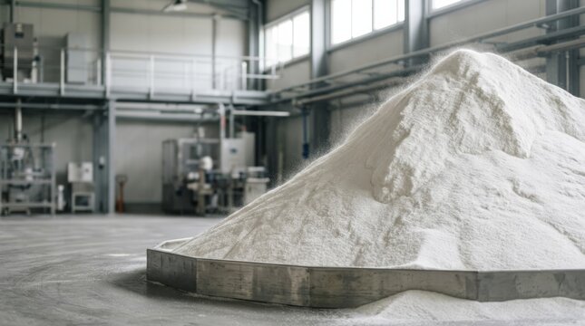 Bulk white granulated sugar pile in modern industrial production hall with soft bokeh, clean copy space
