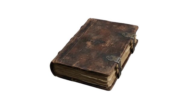 A detailed 3D model of a weathered ancient leather-bound grimoire spell book with metallic clasps, isolated against a solid white studio backdrop. Perfect for fantasy game promos, historical library s
