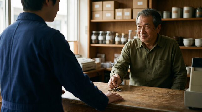 Over Shoulder View of Shop Key Passing in Generational Transition