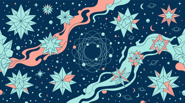 Ein nahtloses Muster mit geometrischen Sternen, abstrakten Planeten und einem zentralen Atommodell auf einem dunkelblauen Hintergrund im modernen, flachen Illustrationsstil.