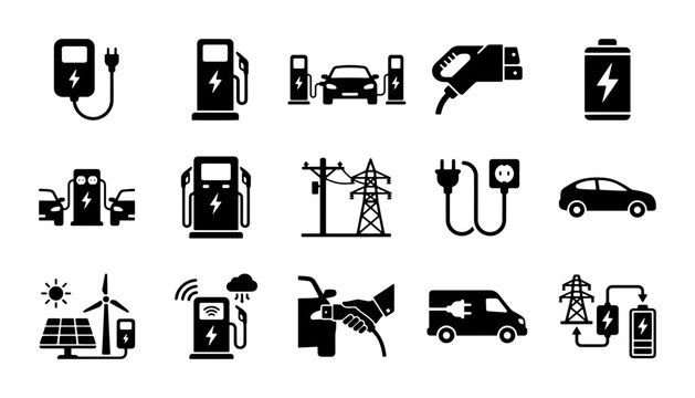 Electric vehicle charging icons set, 15 black vector symbols for EV station and green energy, sustainable transport and battery power graphics