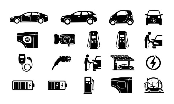 Electric vehicle charging icons set, 20 black silhouette vector elements for EV infrastructure, sustainable green energy transport symbols