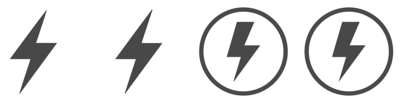 A set of four black lightning bolt two plain and two enclosed in circles, isolated on a white background, for energy and, power themes