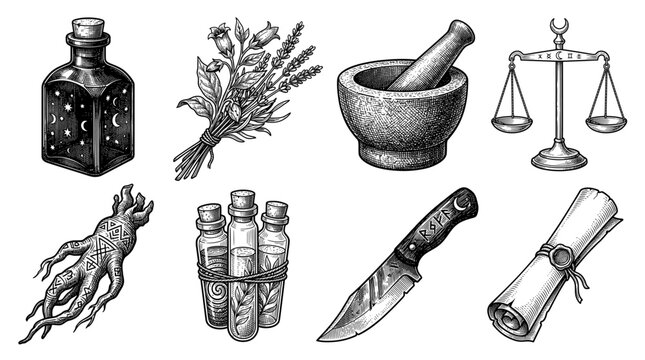 Alchemical and Witchcraft Ritual Items Collection, Vintage Woodcut Style Illustrations of Potion Bottles, Herbs, Mortar, Scales, Mandrake, Knife, and Scroll