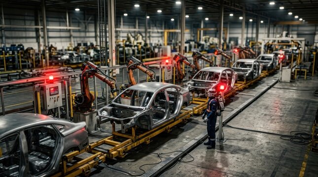 Halted automotive assembly line with humanoid robots, welding arms, unfinished car shells, stopped conveyor pallets, and red safety beacons.