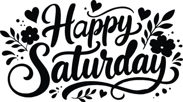 Happy Saturday calligraphy text with floral and heart decorations