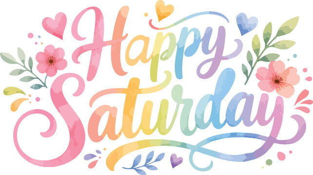 Happy Saturday calligraphy text with watercolor flowers and hearts