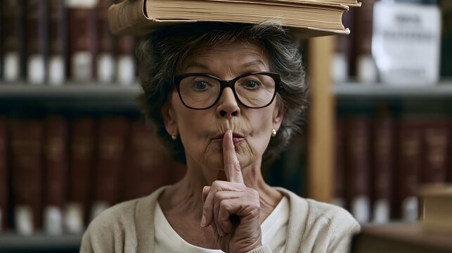 Woman librarian holding a book on her head and making a silence gesture in the library. Knowledge and education concept. Academic work environment and quietude in the learning space.