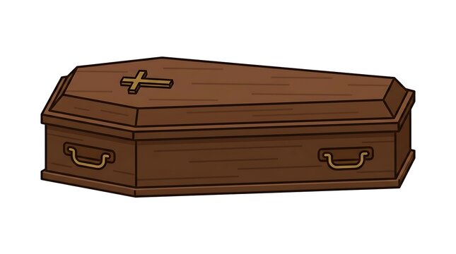 Wooden coffin with a cross. Traditional funeral casket illustration for burial services.