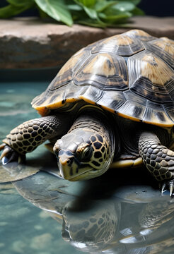 Close up of a sea turtle with a patterned shell and head, partially submerged in shallow water with reflections, the waters surface creates a clear reflection of the turtles head and front limbs