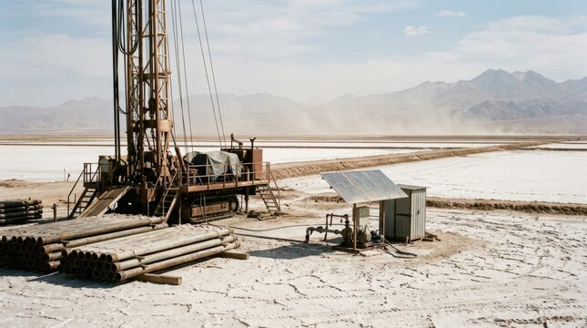 Dormant drilling rig, dry brine pond berms, pipe sections, and solar pump station in a lithium salt flat project