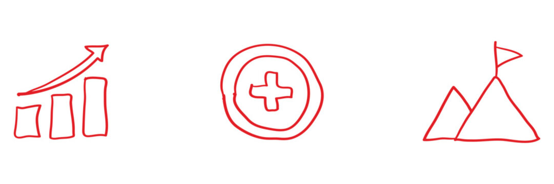 Red hand-drawn of a rising bar graph with an arrow, a plus sign inside a circle, and a mountain peak with a flag on a white background