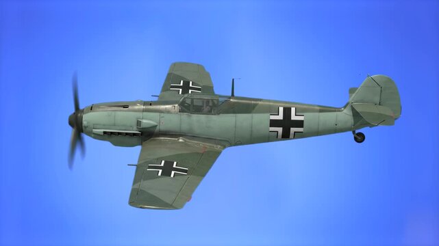 A detailed 3D model of a German Luftwaffe Junkers Ju 87 Stuka dive bomber in flight, set against a solid blue sky backdrop. Perfect for World War II military history documentaries, aerial combat visua