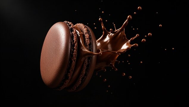 Luxury French chocolate macaron cakes separated in mid air ganache explosion backdrop