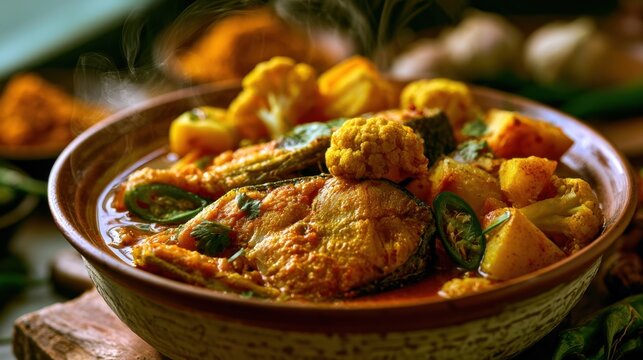 Traditional Indian fish curry cooked with fresh vegetables cauliflower potatoes chilies and aromatic spices served hot in a classic rustic earthenware bowl for a delicious authentic dining experience