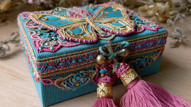 Exquisite handcrafted fabric jewelry box decorated with fine embroidery golden butterfly motif intricate beadwork and elegant pink silk tassels perfect for luxury storage and ornamental gift ideas