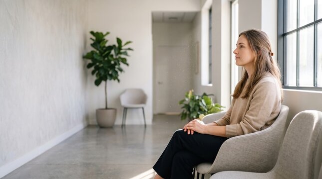 A woman sitting patiently in a modern waiting room or office lobby, patience, appointments, and professional environments.