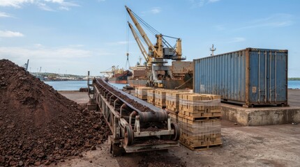 Fototapeta premium Nickel laterite ore, shipping containers, conveyor rollers, refractory bricks, and cargo crane in a port industrial setting