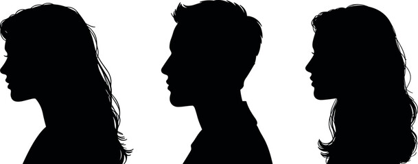 Black silhouette profile portraits of one man and two women facing left isolated on a white background for vector illustration © BIPUL