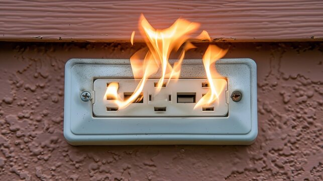Close up of an electrical wall outlet on fire, highlighting severe damage and fire hazard risks