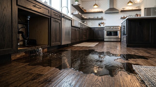 flood with water leaking from a kitchen cabinet and pooling across the wooden floor, plumbing failure and major water damage.