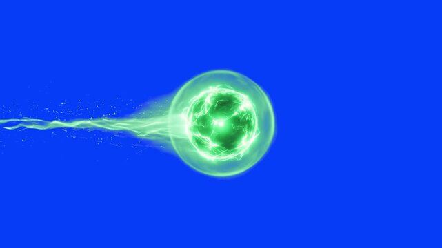 3D animation of a glowing green magic energy orb moving horizontally with a motion trail, isolated on a chroma key blue screen background for sci-fi, fantasy, and action video editing.